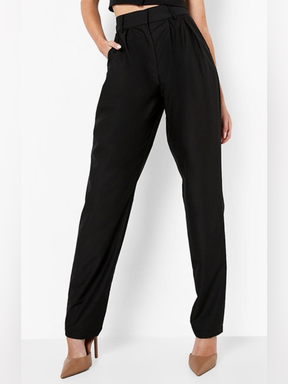 Boohoo Black High Waisted Pleat Tailored Trousers Size 8 Fits 6